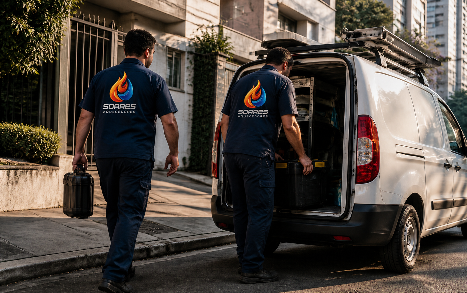 Equipe técnica da Aquecedores Soares carregando ferramentas de uma van de atendimento