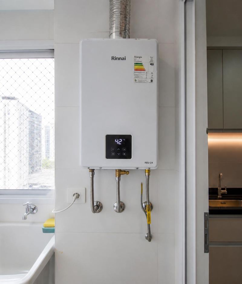 Aquecedor a gás Rinnai instalado na parede de um banheiro
